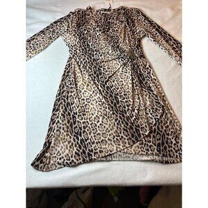 Leopard Print Long Sleeve Wrap Dress With Buckle Accent Size Large